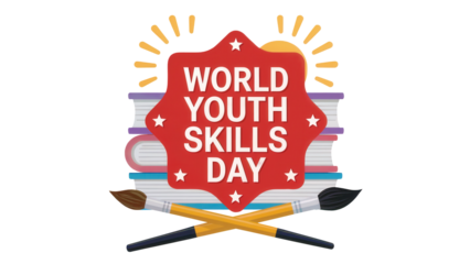 World youth skills day celebration with art supplies and books symbolizing education and creativity isolated on transparent background