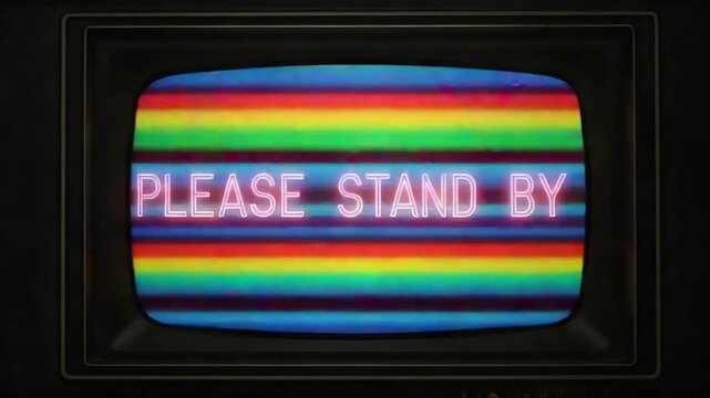 Retro TV screen displaying 'PLEASE STAND BY' on a colorful striped background with a black frame.