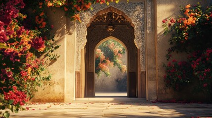 Ornate archway, vibrant flowers, sunlit patio