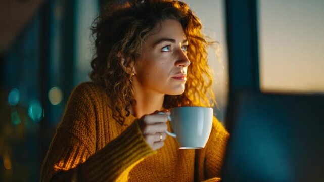 Dreamy Reflections: A woman with a soft gaze contemplates the day's end, cradling a warm mug. The setting sunlight casting a warm hue upon her as she gazes in the distance.
