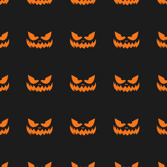 Seamless pattern of a pumpkin face on an orange background. Creepy pumpkin expression. Suitable for Halloween party decorations.