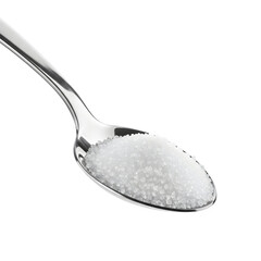 Metal spoon filled with granulated white sugar, perfect for food, cooking, and ingredient concepts. Isolated on white or transparent background. PNG format.