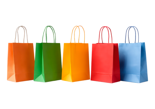 Colorful shopping bags in a row on transparent background, PNG