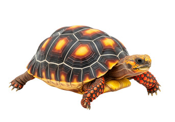 Obraz premium A striking, vibrant red-and-yellow tortoise showcases its intricate shell pattern against a stark black background.