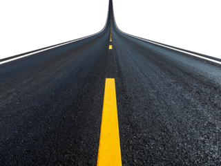 Long road with transparent background, asphalt texture, perspective view, isolated design, perfect for creative projects and transport themes.