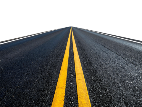 Long straight road perspective transparent background highway, vivid yellow line, empty futuristic concept, isolated on white space.