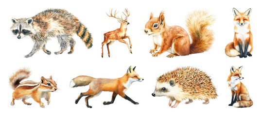 PNG Woodland animals watercolor illustration, element set on transparent background