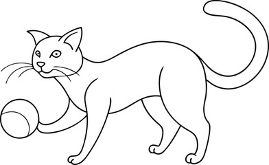 Cat Playing with Ball Outline Vector Illustration