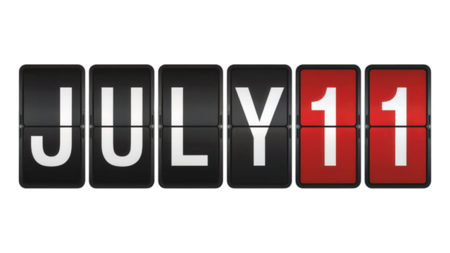 Flip calendar displaying the date july eleventh with white numbers and letters on a black background isolated on transparent background