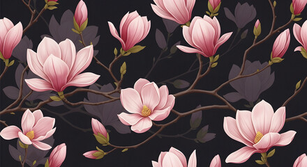 Seamless pattern of pink magnolia flowers on dark background