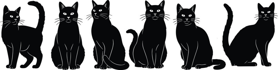 Black cat silhouette vector collection, sitting and standing feline poses, pet illustration, domestic cat graphic, animal icon, Halloween design, nature art