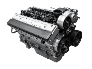 Modern metallic car engine machinery displayed, showcasing advanced automotive engineering, mechanical components, clean design, and precision performance on a white background.