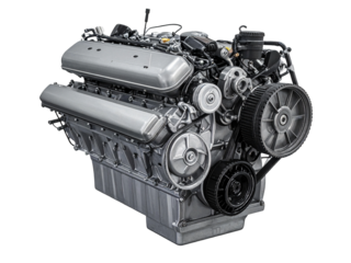 Modern metallic car engine closeup. High-performance automotive technology with detailed mechanical components and precision engineering on a clean white background.