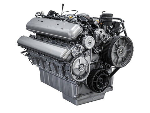 Modern metallic car engine closeup. High-performance automotive technology with detailed mechanical components and precision engineering on a clean white background.