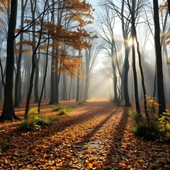 Obraz premium Autumnal Forest Path Sunlight Through the Trees in Seasonal Hues