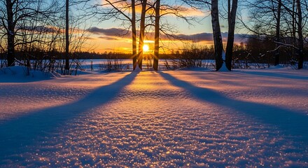 Winter Sunset Landscape with Tree Shadows on Snow.