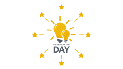 Bright yellow light bulb with radiating lines and stars symbolizing inspiration and innovation isolated on transparent background