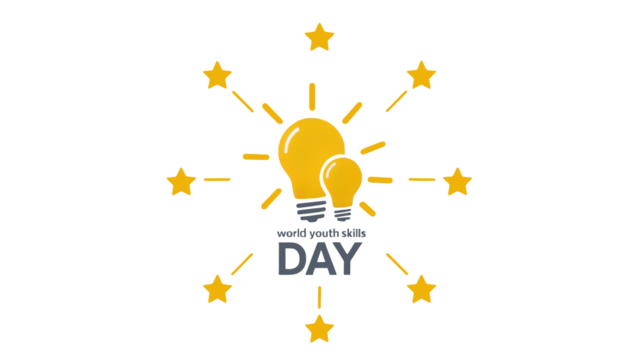 Bright yellow light bulb with radiating lines and stars symbolizing inspiration and innovation isolated on transparent background