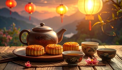Traditional tea ceremony with mooncakes under lantern light.