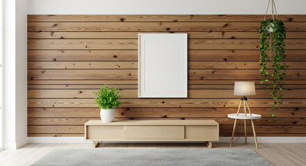 Modern living room scene with wood panel wall empty frame and plant decor