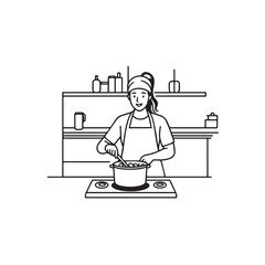 Black and White Vector Illustration of a Smiling Woman Cooking in Kitchen with Apron and Headband
