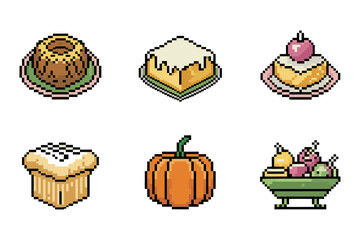 Pixel bakery food set, lattice pie honey glaze cupcake, pumpkin icon, fruit bowl, autumn treats, 8 bit vector