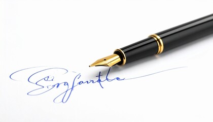 Fountain pen writing &ldquo;signature&rdquo; in blue ink on white paper