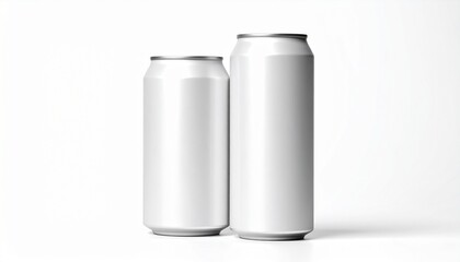 Two blank white aluminum beverage cans, one standard and one tall, isolated on a white background for mockup.