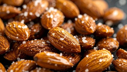 Obraz premium A detailed macro photograph of roasted almonds generously sprinkled with coarse sea salt crystals, highlighting their texture.