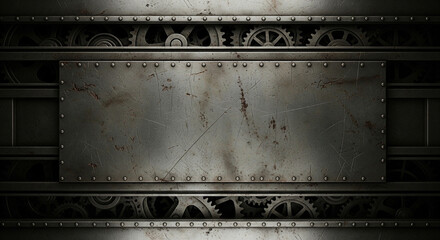 A worn and riveted metal plate on a dark industrial background with gears, a perfect grunge or steampunk texture for mechanical and industrial design themes