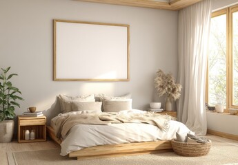 Bright Beige Bedroom with Wooden Bed and Natural Light