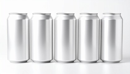 A row of five blank, unlabeled silver aluminum beverage cans standing on a clean white background.