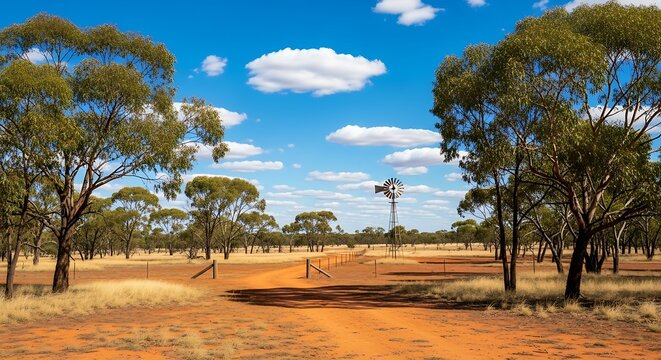 Vast Australian outback landscape with a dirt track and windmill.