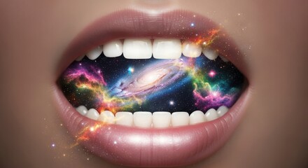 Cosmic mouth expression stunning galaxy nebula emerging from open lips surreal art