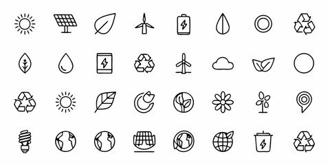 Vibrant collection of diverse eco-friendly icons for sustainable business and green energy solutions