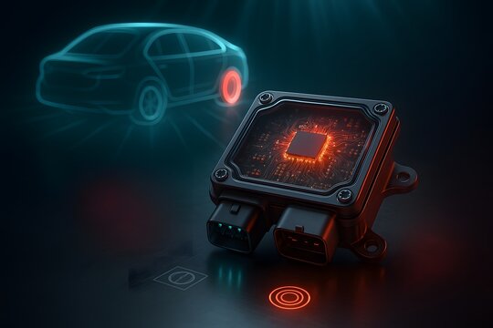 EV Electronic Parking Brake ECU with Glowing PCB and Holographic Car Silhouette &ndash; EV EPB ECU Safety and Control Concept