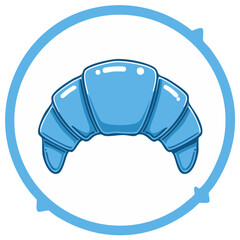 Fototapeta premium Graphic illustration of a light blue croissant inside a blue circle with arrows. Decorative pastry design.