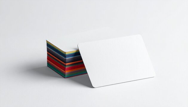 A blank white business card with rounded corners leans against a colorful stack on a white background.