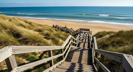Obraz premium Wooden staircase leading to sandy beach and ocean.