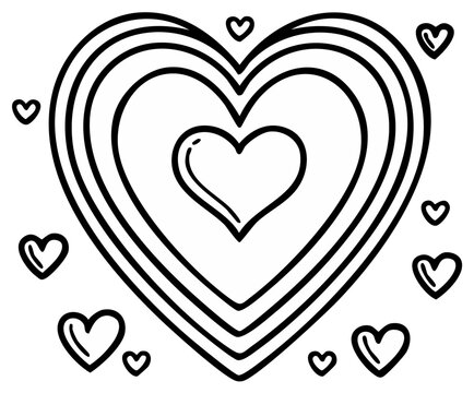 Hand-drawn hearts nested within each other, surrounded by small hearts, perfect for Valentine's Day and love themes.