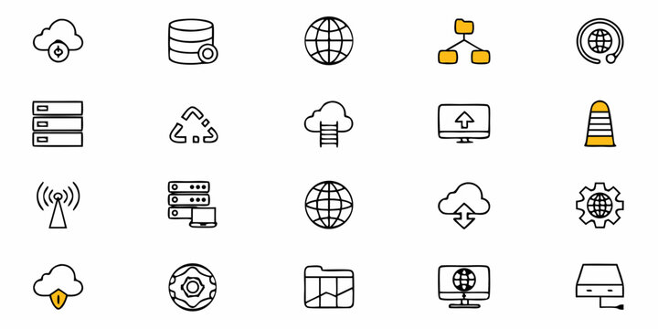 Collection of  Modern business and technology icons for cloud computing, data, and networking solutions