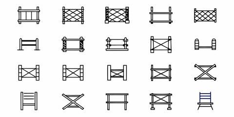 Collection of equestrian jumping obstacles in simple line art style for sports and events