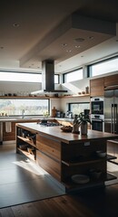 Modern kitchen interior with a large wooden island with built-in stove, stainless steel appliances, wide windows allowing natural light.