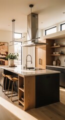 Modern kitchen interior with a stylish island with bar stools, sleek countertops, pendant lighting, wooden cabinetry.