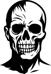 Creepy human skull half covered with flesh - horror illustration vector with white background 