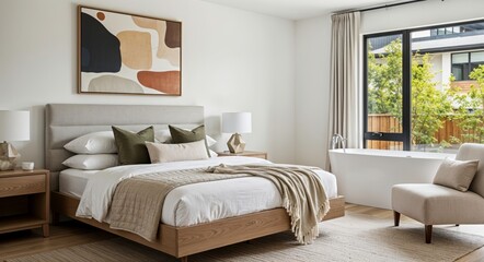 Modern bedroom interior design and decoration with earth tone theme.