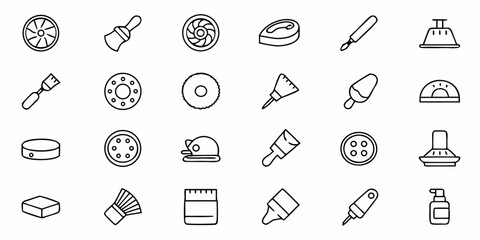Diverse collection of simple, flat line icons representing everyday objects and tools for creative projects