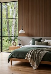 Modern bedroom interior design and decoration with a wooden accent wall, cozy bed with green bedding, bedside table, pendant lamp, and large glass window overlooking a lush forest.