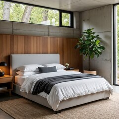 Modern bedroom with wooden accent wall and large window.