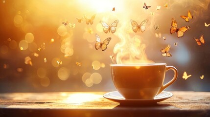 A steaming cup of coffee with a saucer, surrounded by butterflies and a warm, golden light.